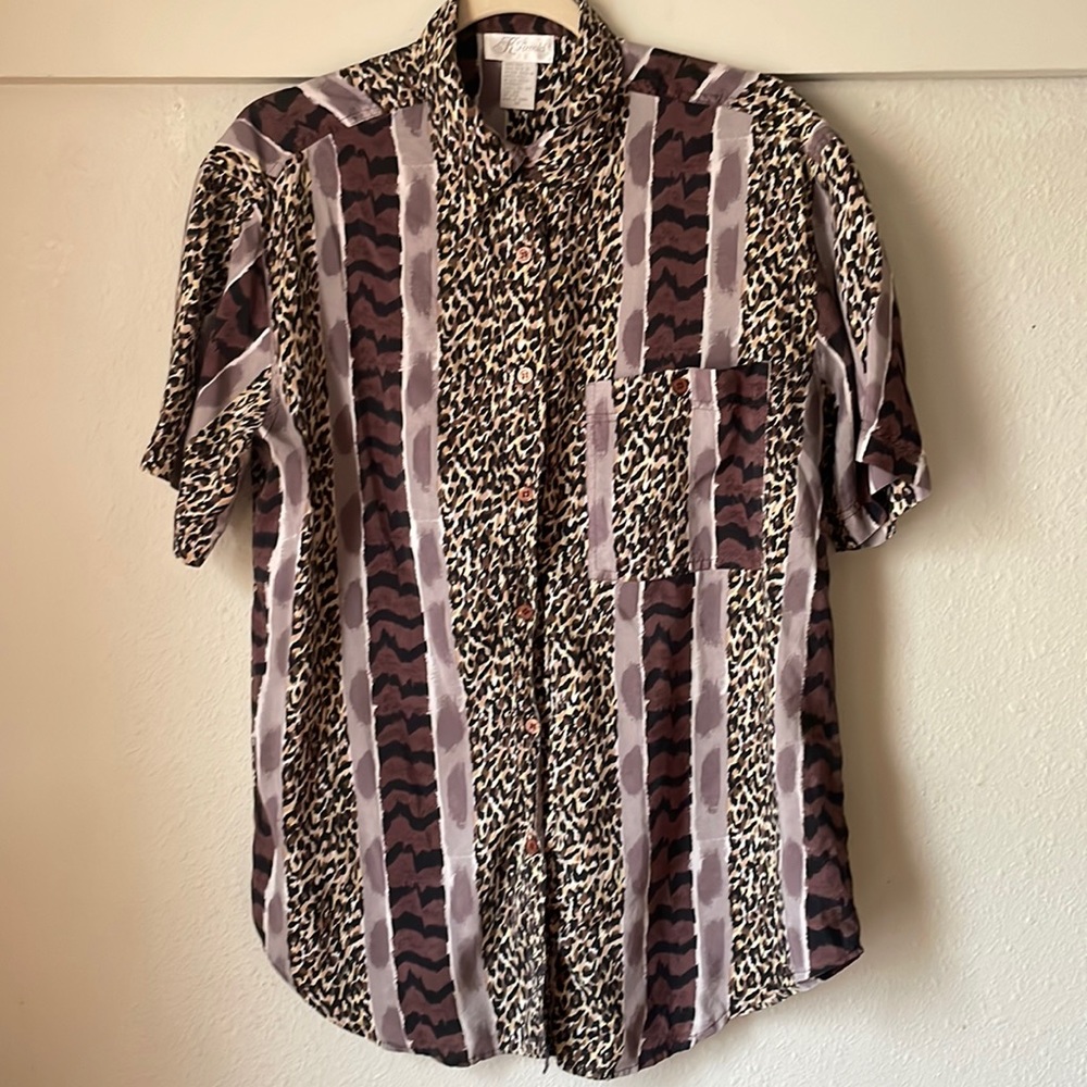 Vintage pure silk patchwork short sleeve button patchwork blouse by K. Arnold